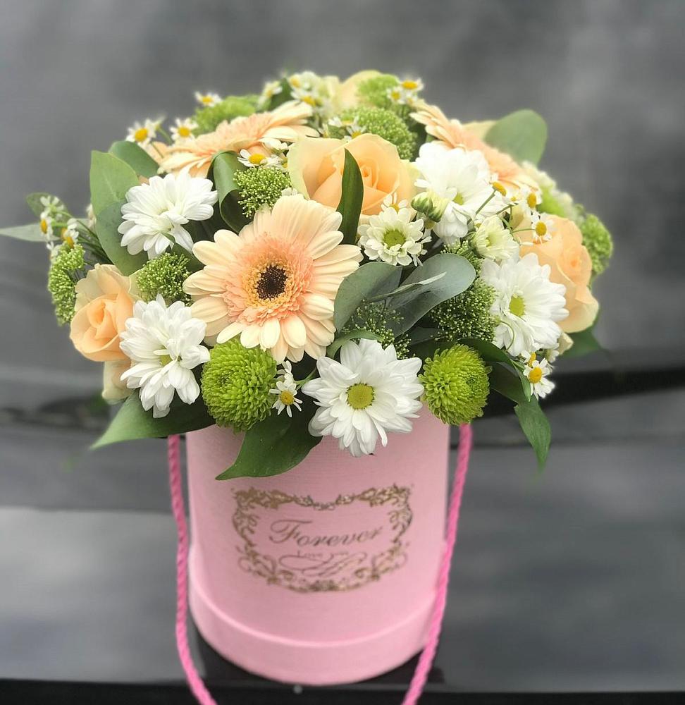 Цветочная композиция из Розы, Герберы и Хризантемы в шляпной коробке в Шумихе