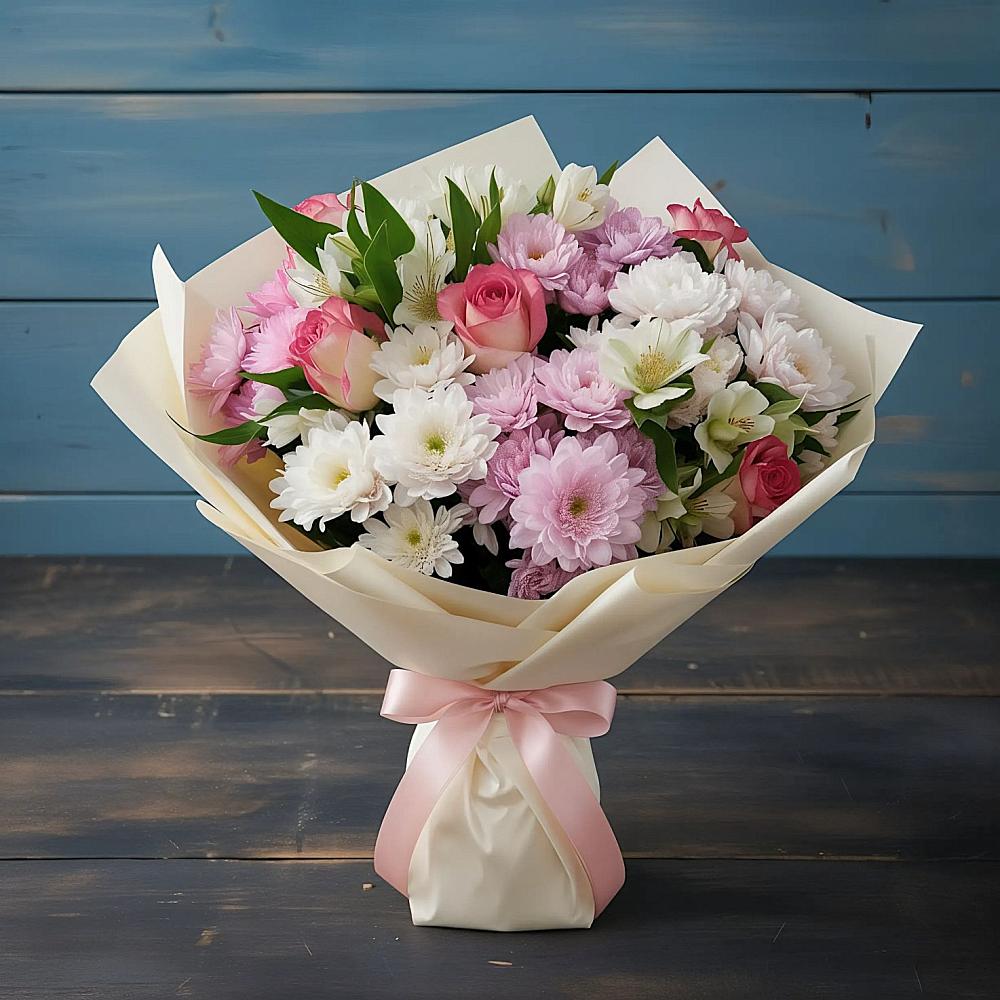 Букет цветов из: Хризантемы, Альстромерии и Розы в Шумихе